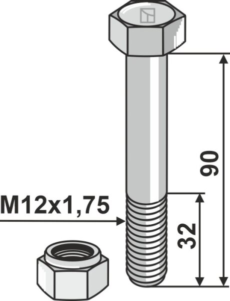 Schraube mit Sicherungsmutter M12x175 10.9
